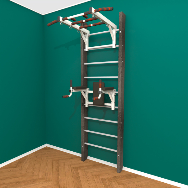 Брашированная шведская стенка "Кастерли" Черный ТБ (Белые ступени)