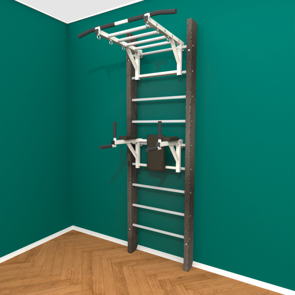 Брашированная шведская стенка "Кастерли" Черный РБ (Белые ступени)