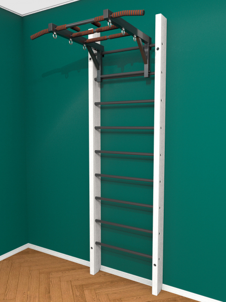 Брашированная шведская стенка "Кастерли" Белый с турником (Черные ступени)