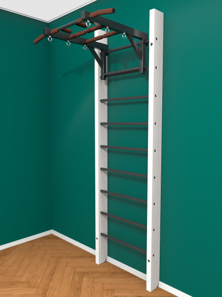 Брашированная шведская стенка "Кастерли" Белый с турником (Черные ступени)