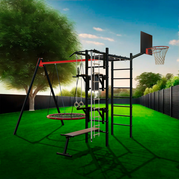 картинка Уличный спортивно-игровой комплекс Sv Sport У3083.1КВ1 (Турник/Брусья/Стойка/Скамья/Гнездо 100см/Подвесы на втулке/Щит баскет/Канат/Кольца/Лестница) от магазина Лазалка