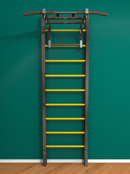 Брашированная шведская стенка "Кастерли" Черный с турником (Желтые ступени)